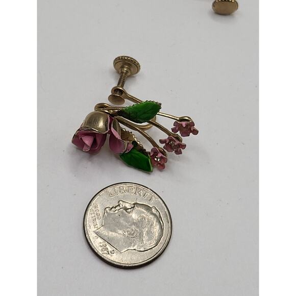 Vintage Enamel Rose Earrings Screw Back Pink Flower Cluster Rhinestone - Picture 4 of 7